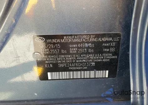 2016 Hyundai Sonata Se z USA, uszkodzony, nr VIN 5NPE24AF6GH313738
